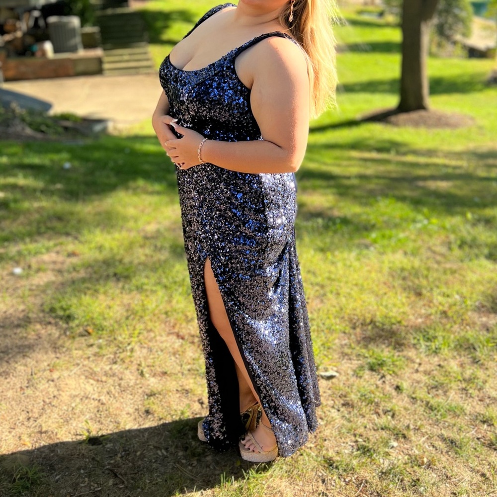 Mori Lee Blue Sequin Prom Dress